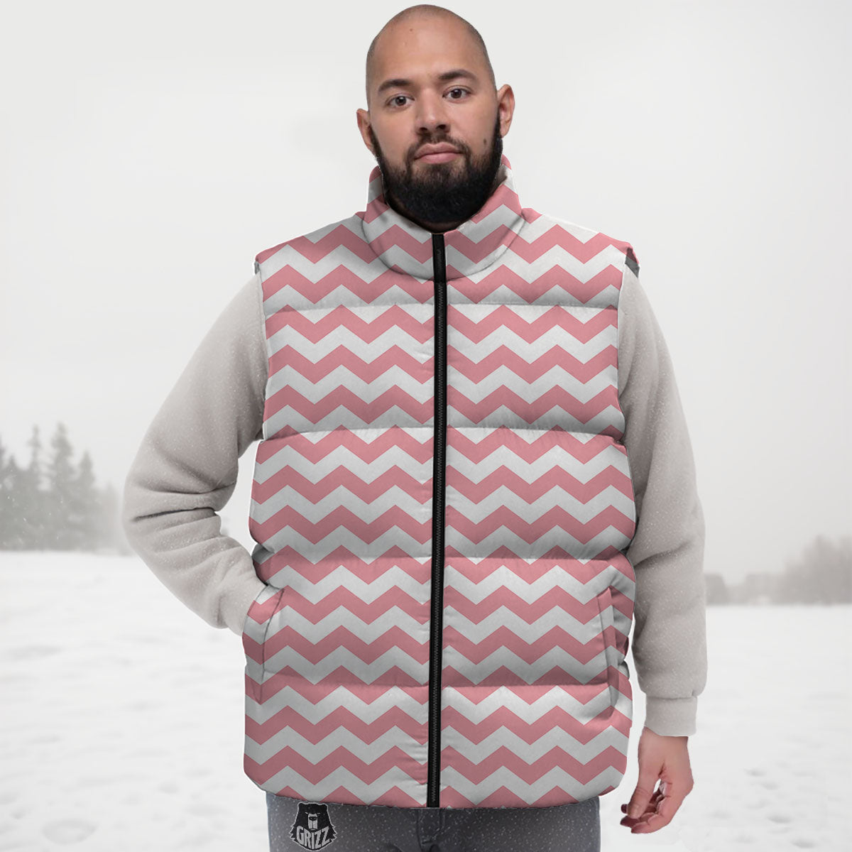 Zigzag White And Pink Print Pattern Down Vest-grizzshop
