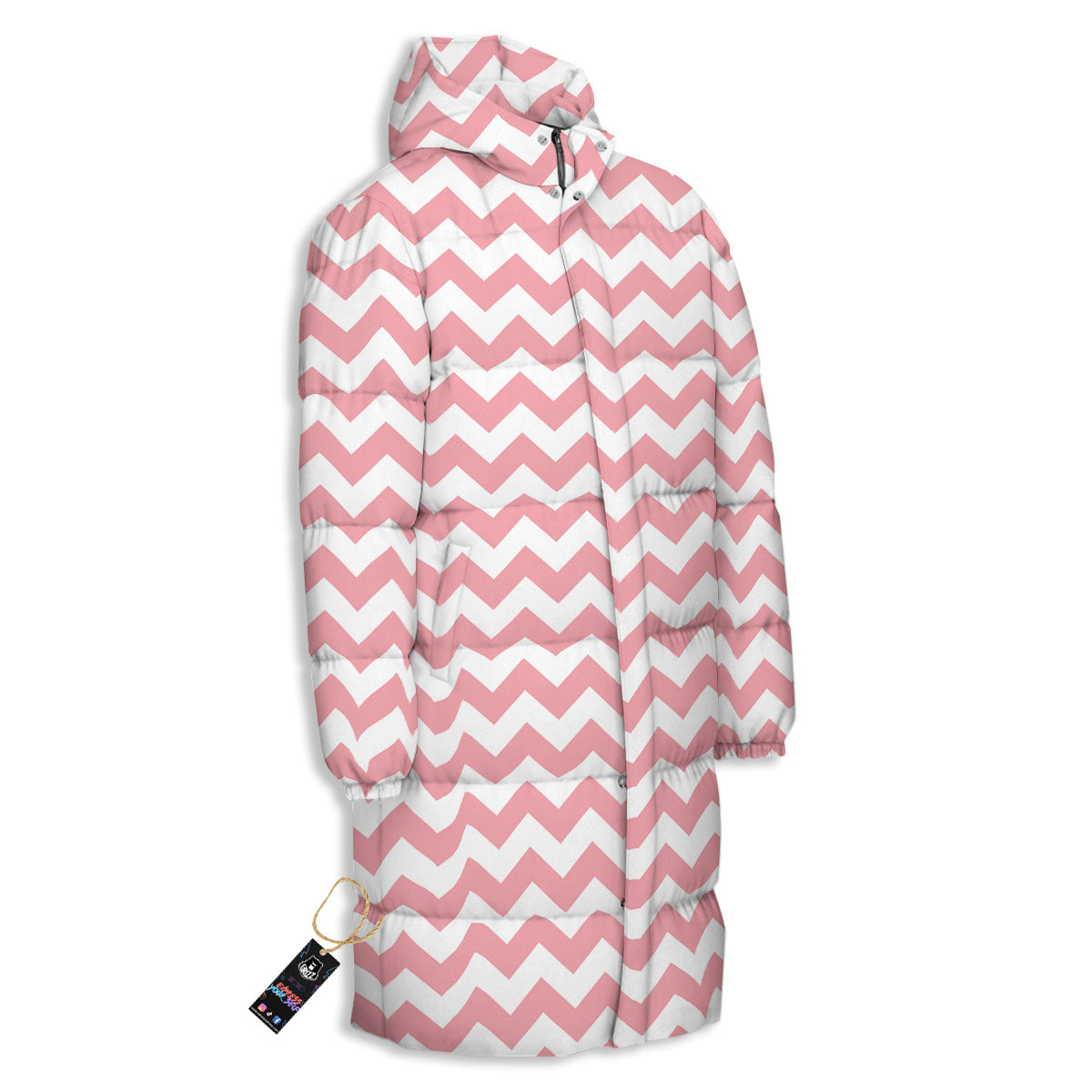 Zigzag White And Pink Print Pattern Long Down Jacket-grizzshop