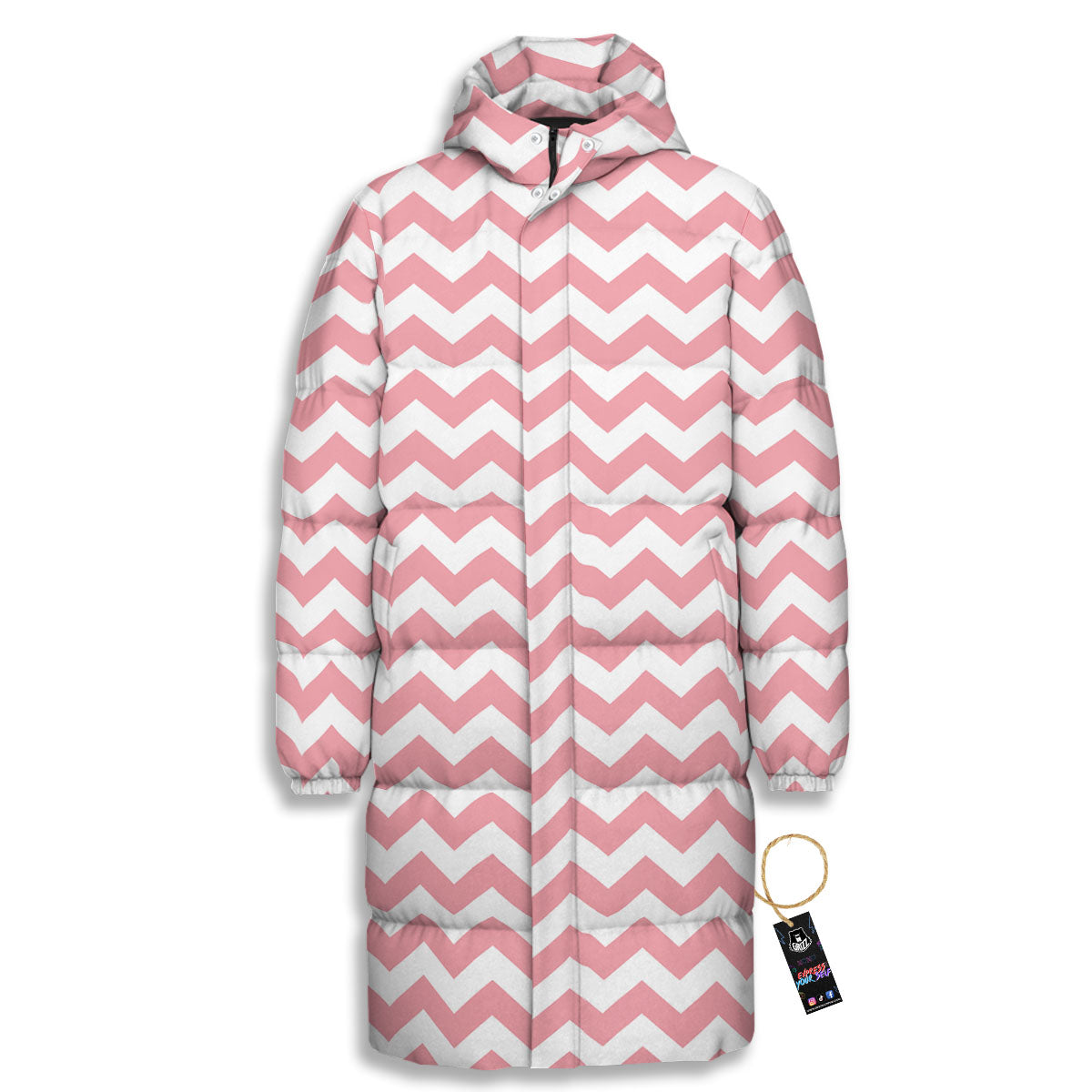 Zigzag White And Pink Print Pattern Long Down Jacket-grizzshop