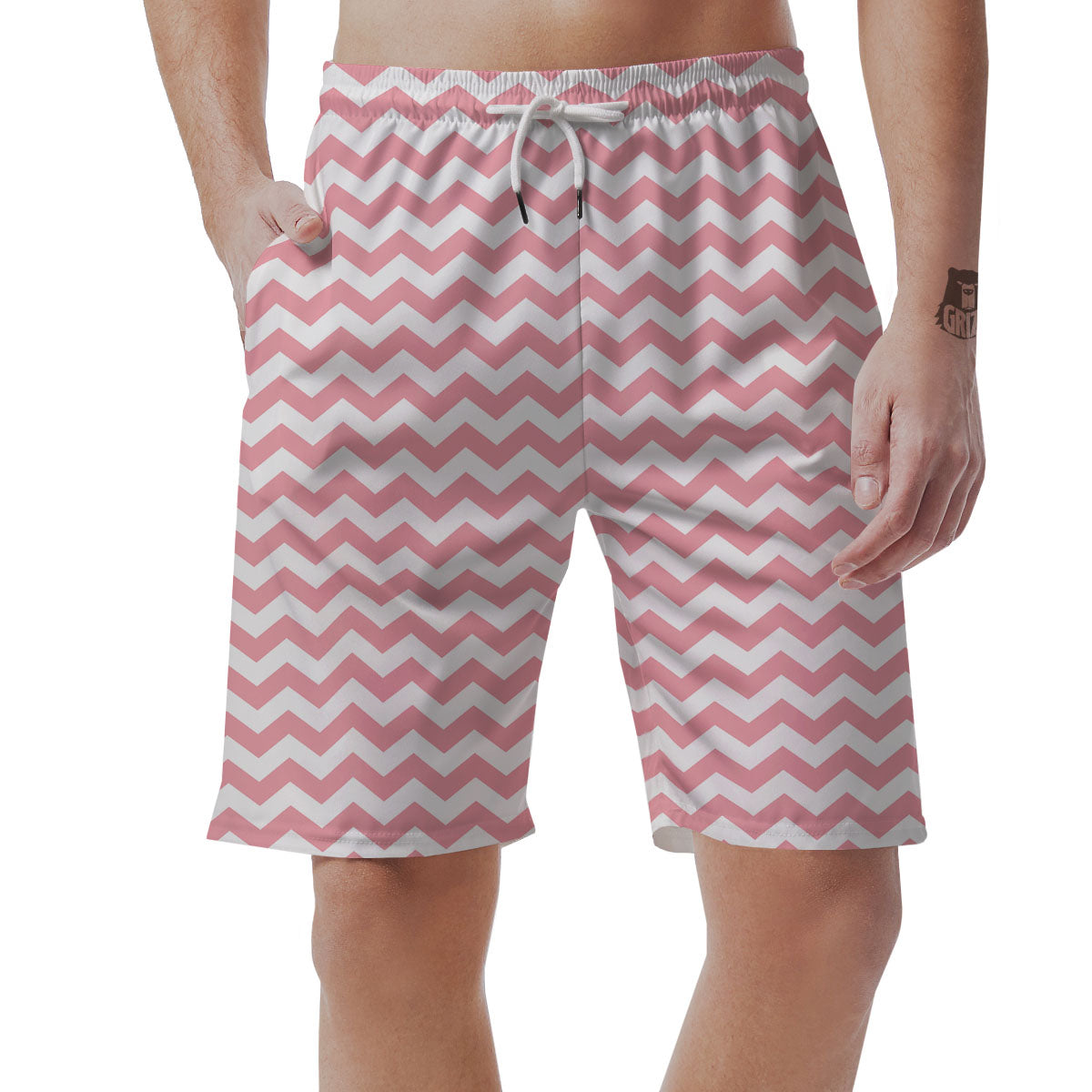 Zigzag White And Pink Print Pattern Men's Shorts-grizzshop