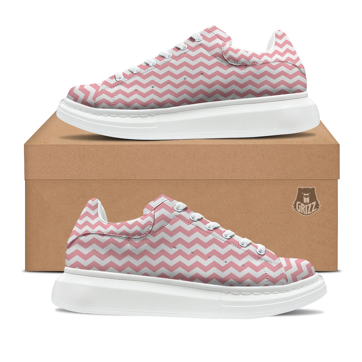 Zigzag White And Pink Print Pattern Platform Shoes-grizzshop