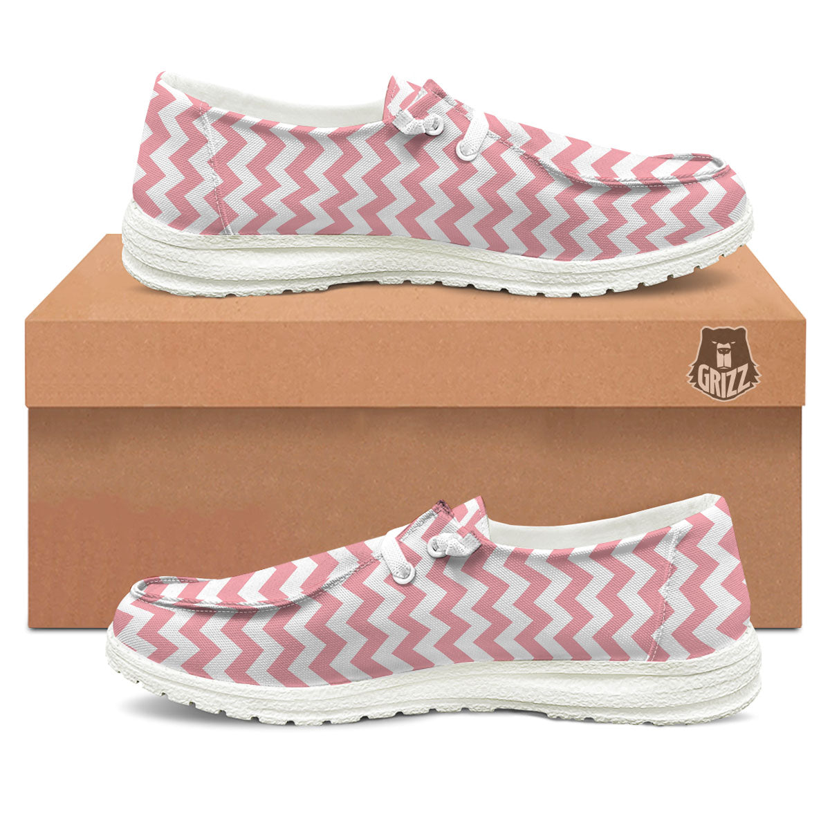 Zigzag White And Pink Print Pattern White Loafers-grizzshop