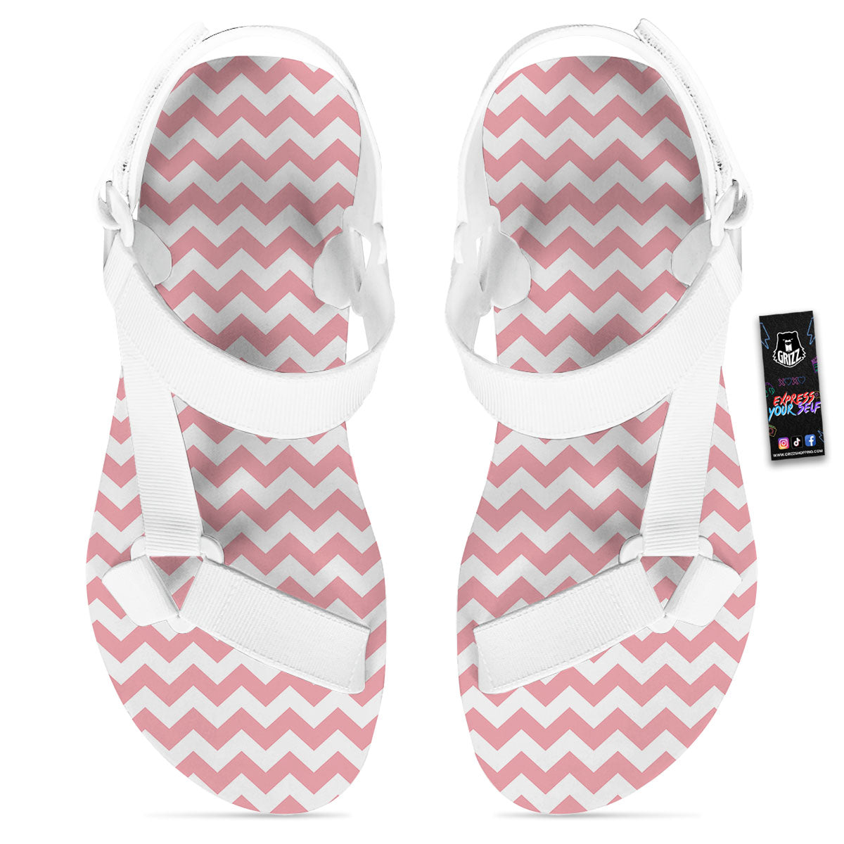 Zigzag White And Pink Print Pattern White Open Toe Sandals-grizzshop