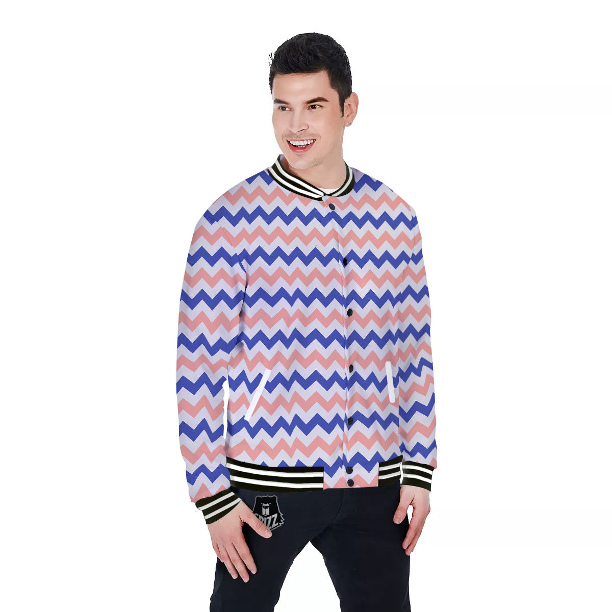 Zigzag White Pink And Navy Print Pattern Baseball Jacket-grizzshop