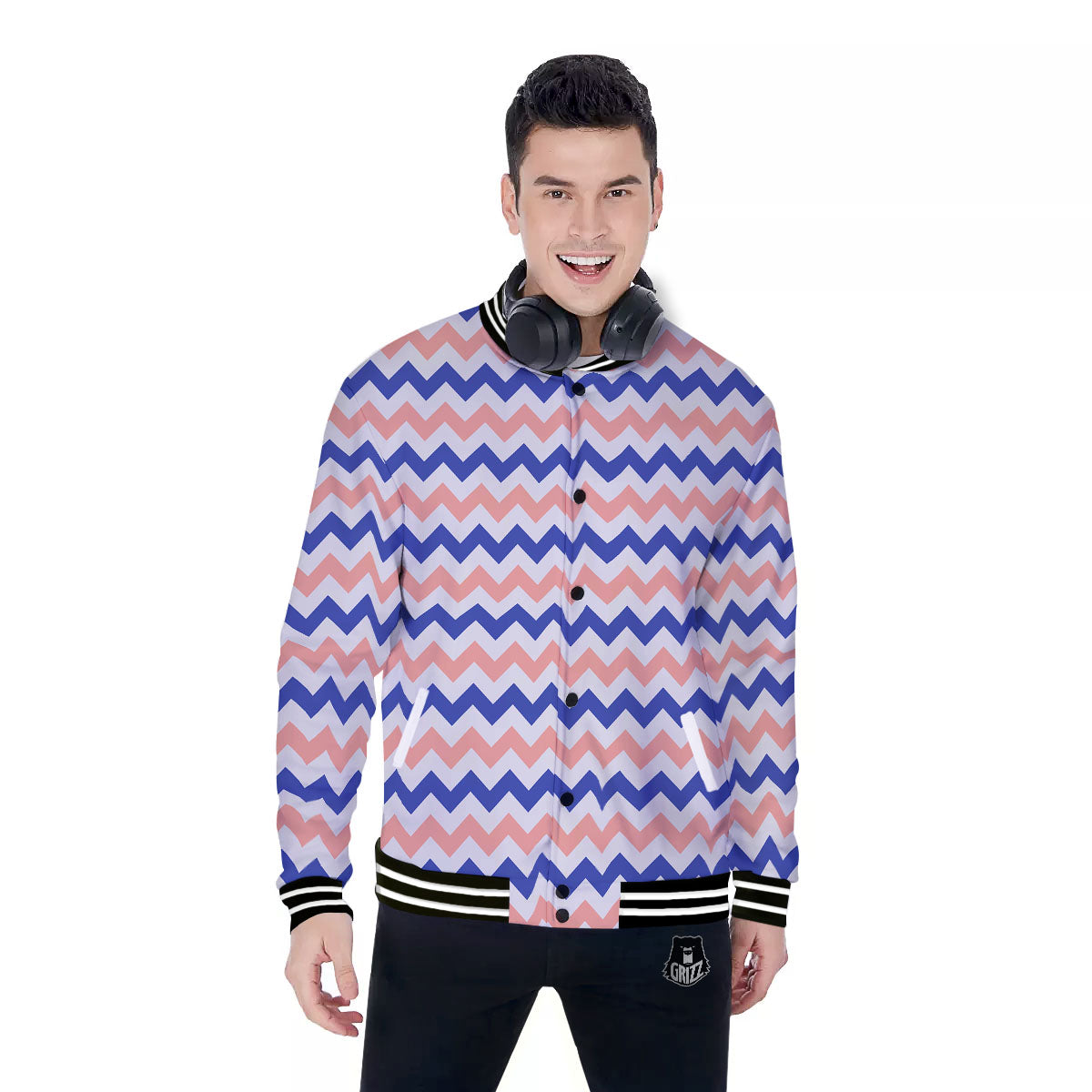 Zigzag White Pink And Navy Print Pattern Baseball Jacket-grizzshop