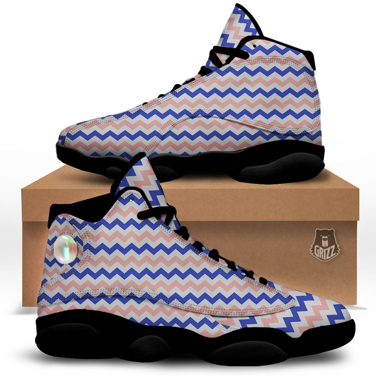 Zigzag White Pink And Navy Print Pattern Black Basketball Shoes-grizzshop