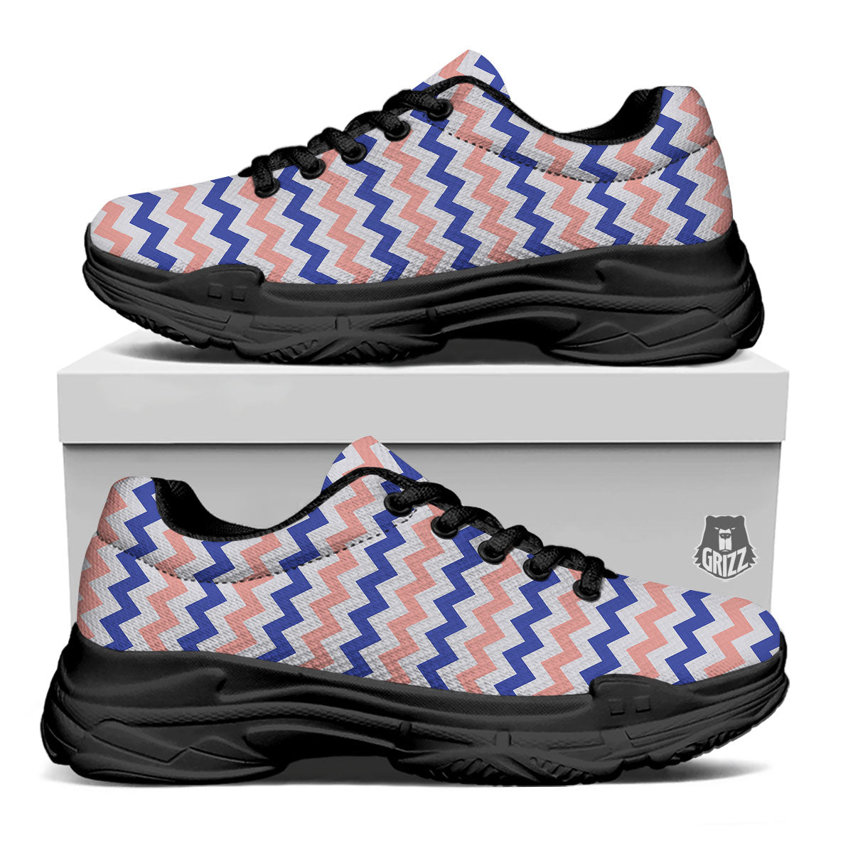 Zigzag White Pink And Navy Print Pattern Black Chunky Shoes-grizzshop