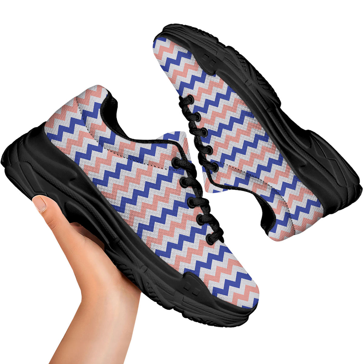 Zigzag White Pink And Navy Print Pattern Black Chunky Shoes-grizzshop