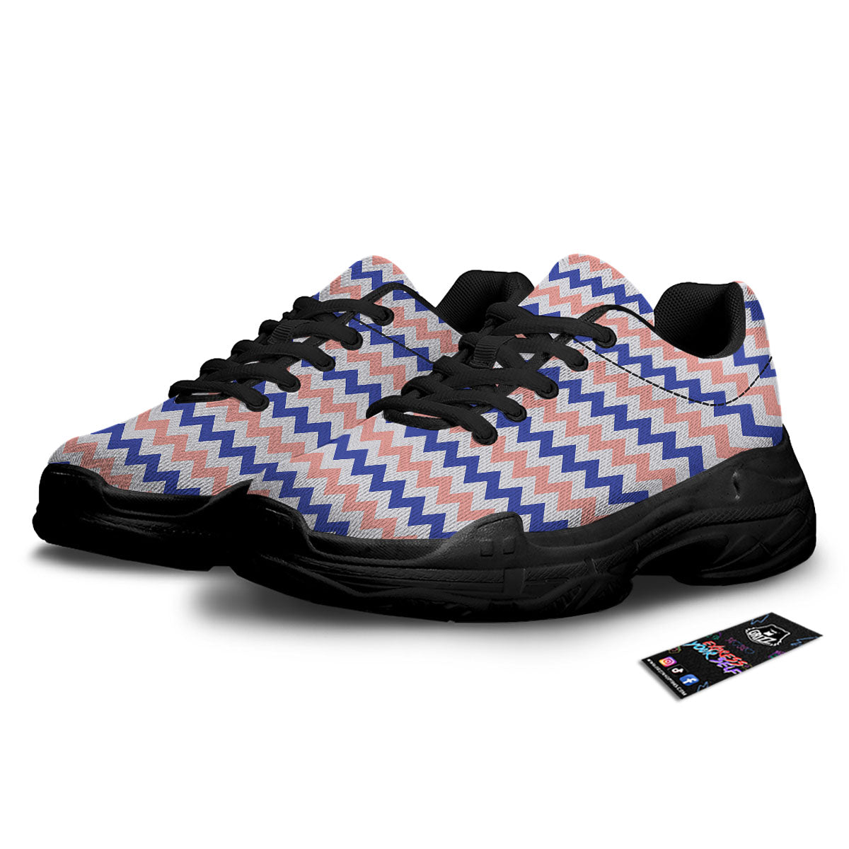 Zigzag White Pink And Navy Print Pattern Black Chunky Shoes-grizzshop