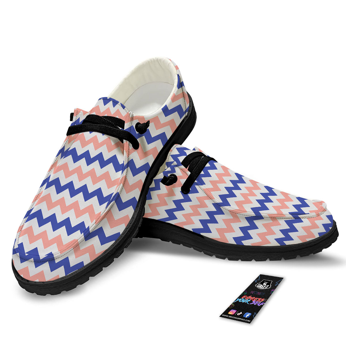 Zigzag White Pink And Navy Print Pattern Black Loafers-grizzshop