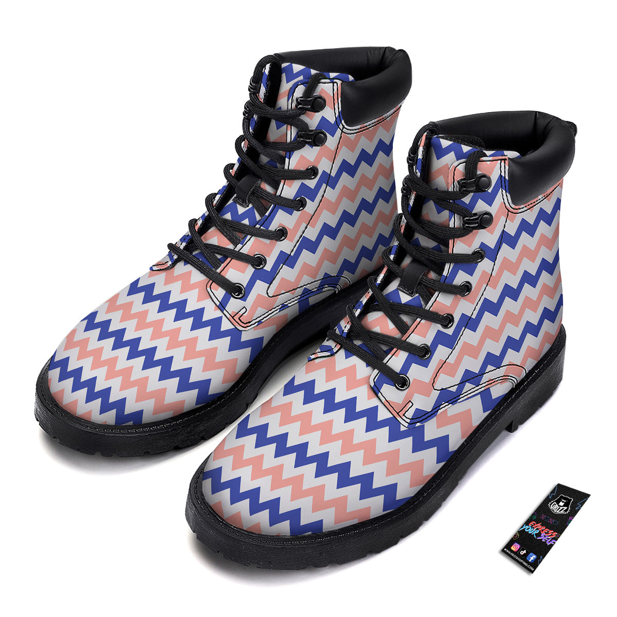 Zigzag White Pink And Navy Print Pattern Boots-grizzshop