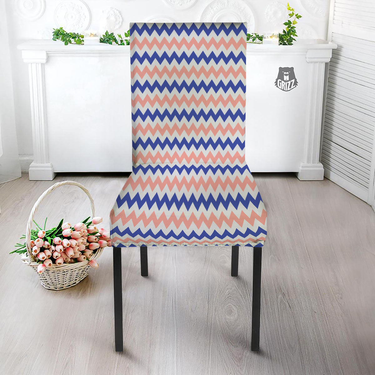 Zigzag White Pink And Navy Print Pattern Dining Chair Slipcover-grizzshop