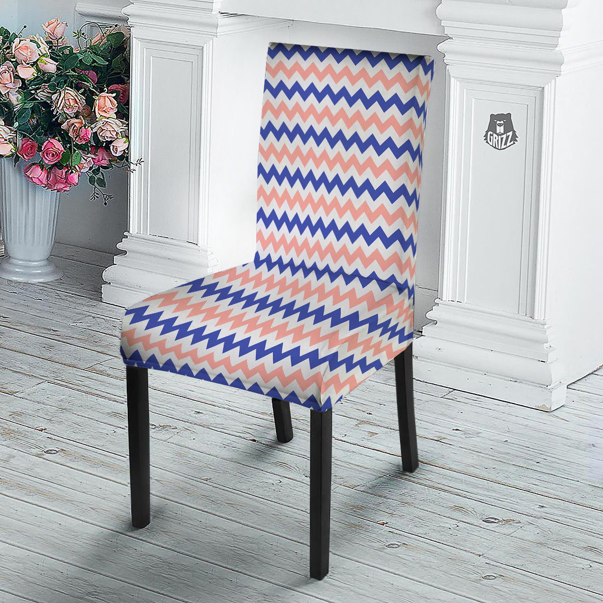 Zigzag White Pink And Navy Print Pattern Dining Chair Slipcover-grizzshop