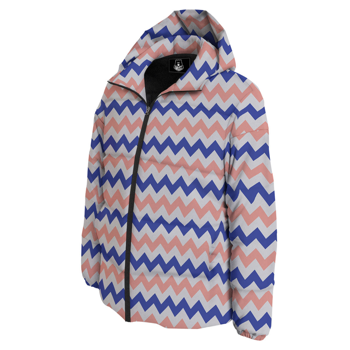 Zigzag White Pink And Navy Print Pattern Down Jacket-grizzshop