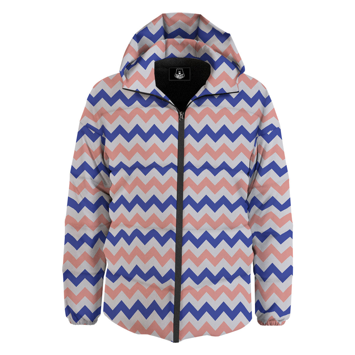 Zigzag White Pink And Navy Print Pattern Down Jacket-grizzshop