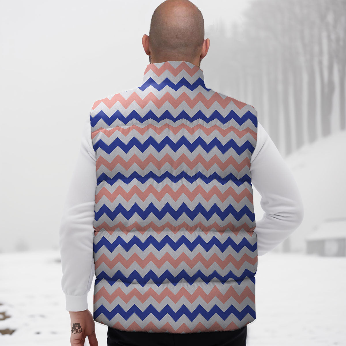 Zigzag White Pink And Navy Print Pattern Down Vest-grizzshop