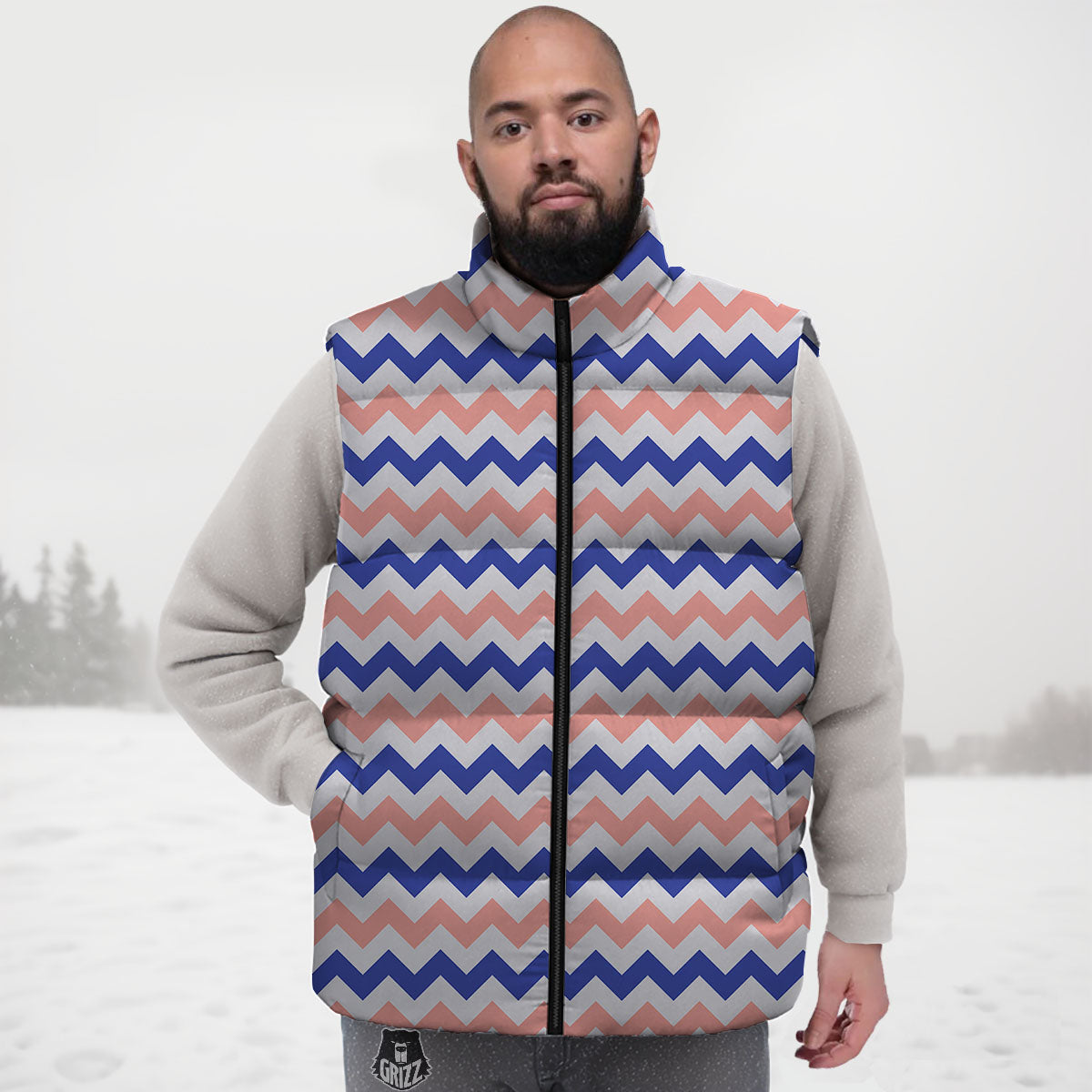Zigzag White Pink And Navy Print Pattern Down Vest-grizzshop