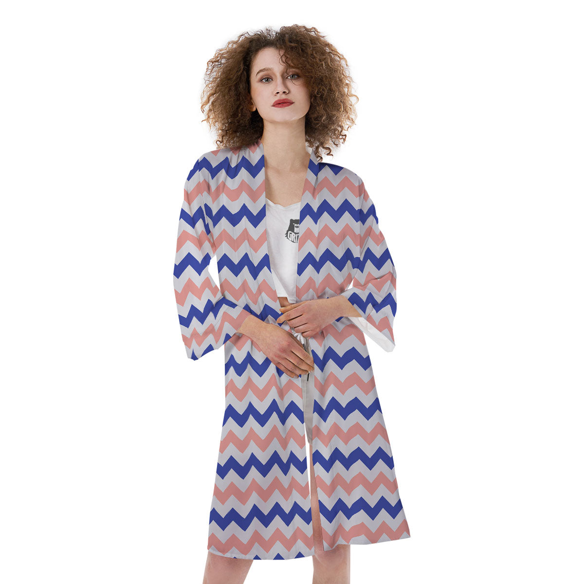 Zigzag White Pink And Navy Print Pattern Kimono-grizzshop