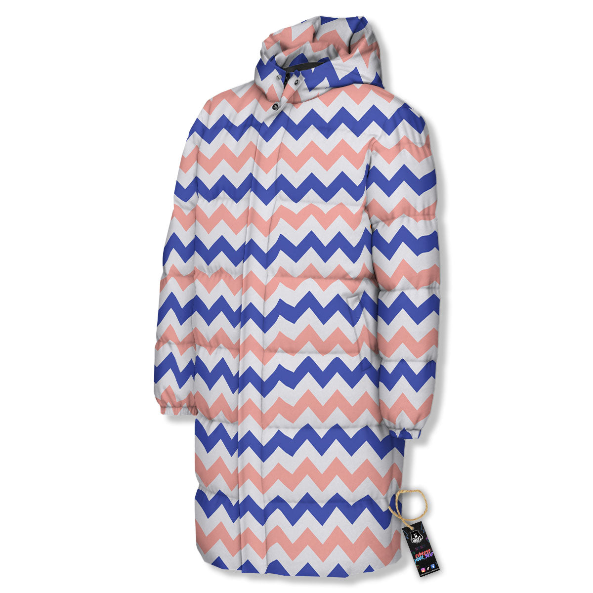 Zigzag White Pink And Navy Print Pattern Long Down Jacket-grizzshop