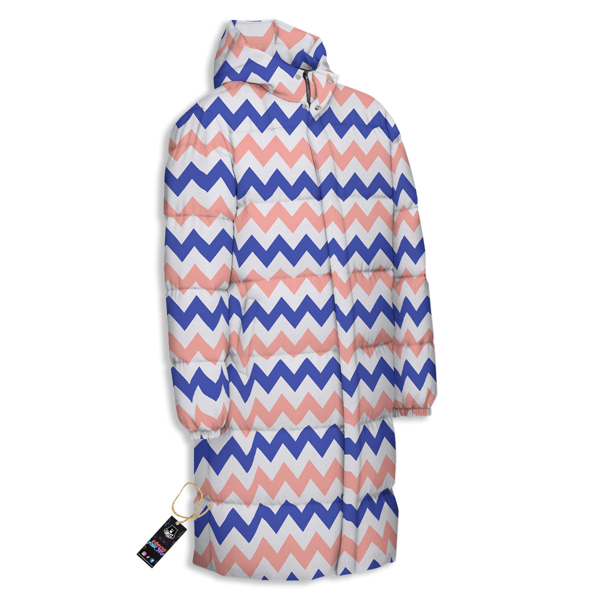 Zigzag White Pink And Navy Print Pattern Long Down Jacket-grizzshop