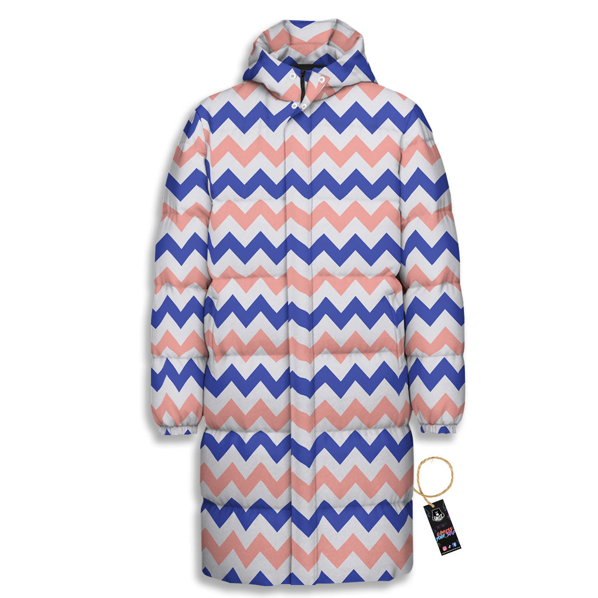 Zigzag White Pink And Navy Print Pattern Long Down Jacket-grizzshop