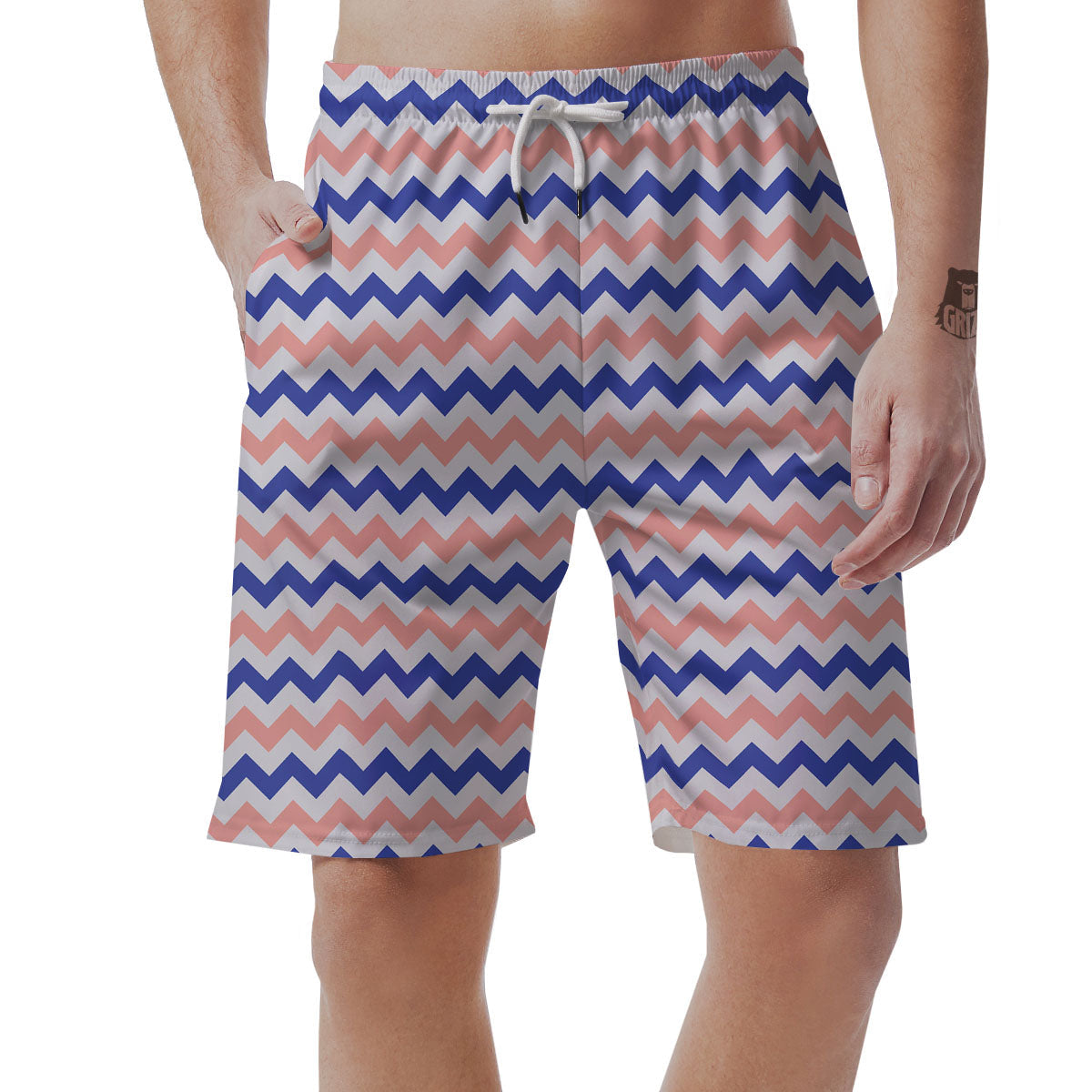 Zigzag White Pink And Navy Print Pattern Men's Shorts-grizzshop