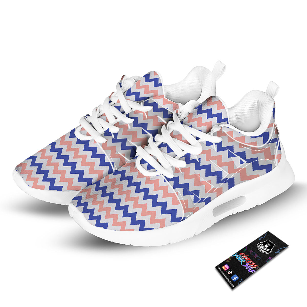 Zigzag White Pink And Navy Print Pattern Tennis Shoes-grizzshop