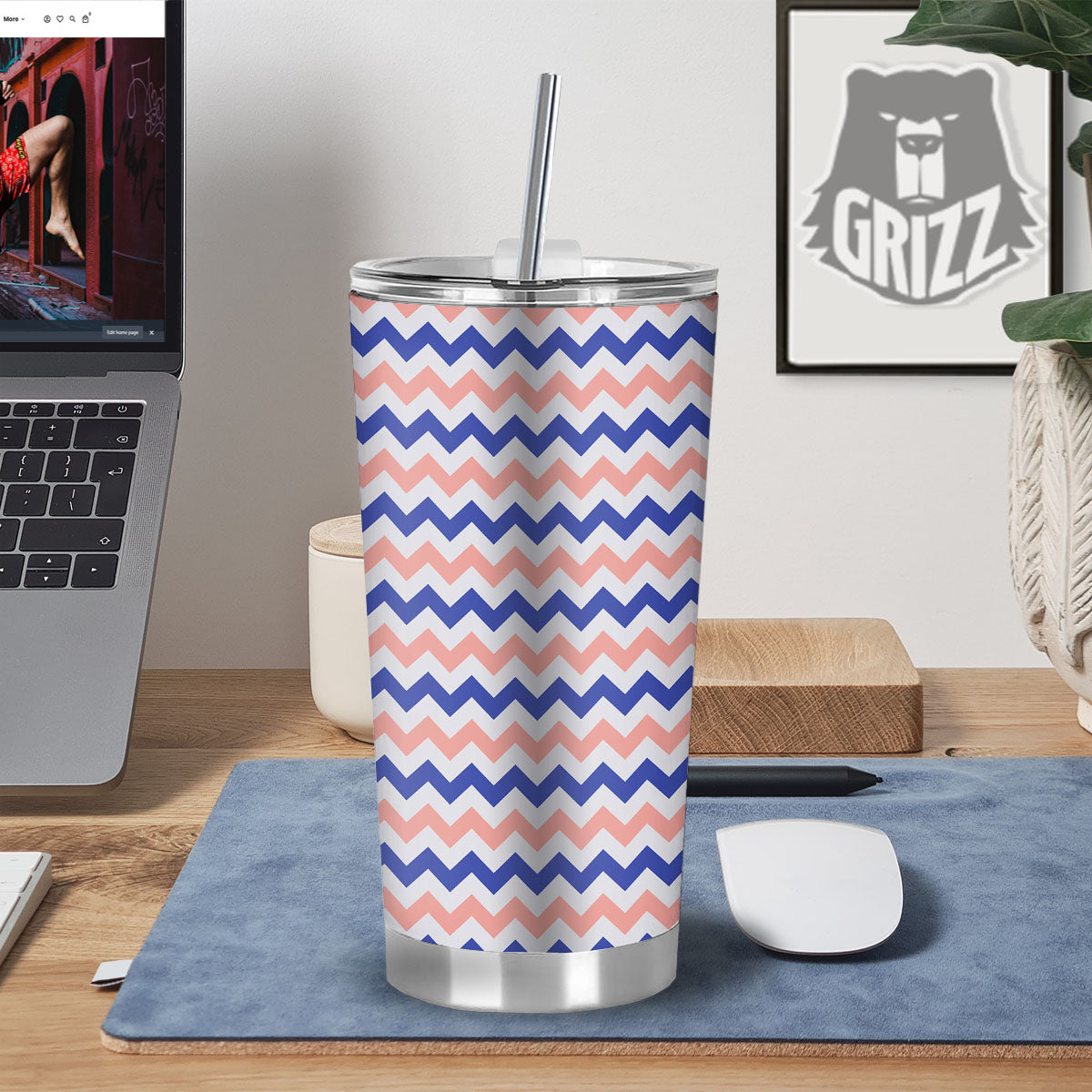 Zigzag White Pink And Navy Print Pattern Tumbler-grizzshop