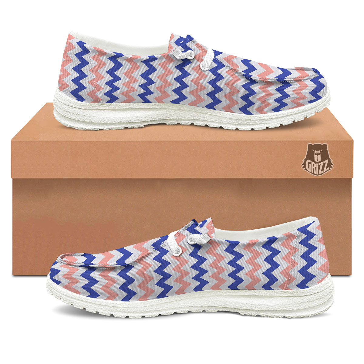 Zigzag White Pink And Navy Print Pattern White Loafers-grizzshop