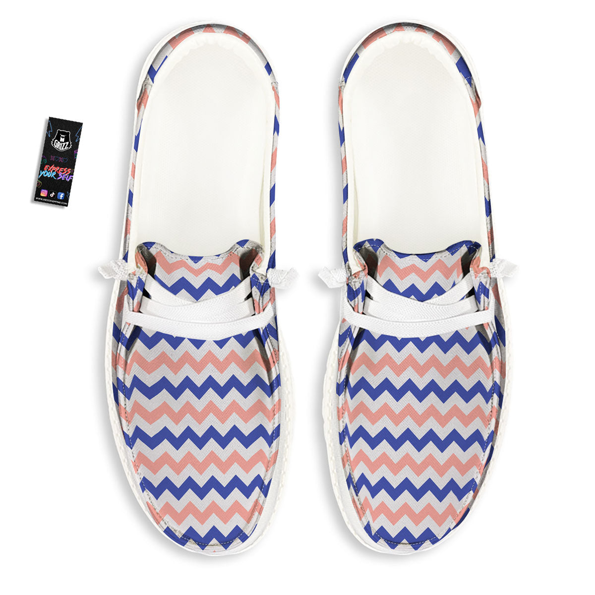 Zigzag White Pink And Navy Print Pattern White Loafers-grizzshop