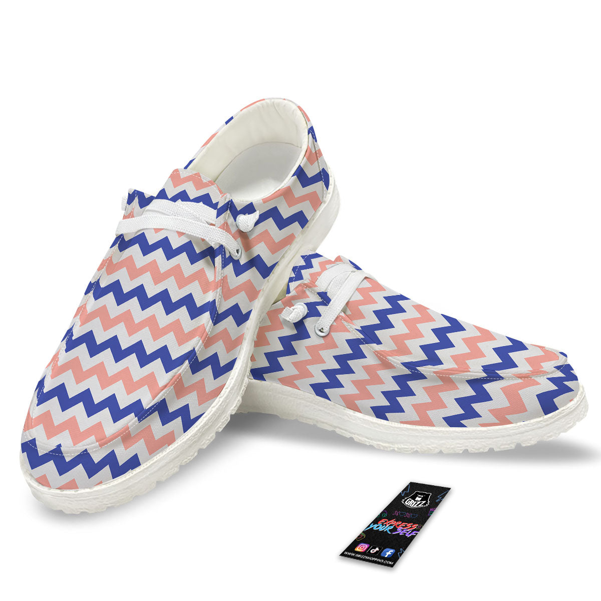 Zigzag White Pink And Navy Print Pattern White Loafers-grizzshop