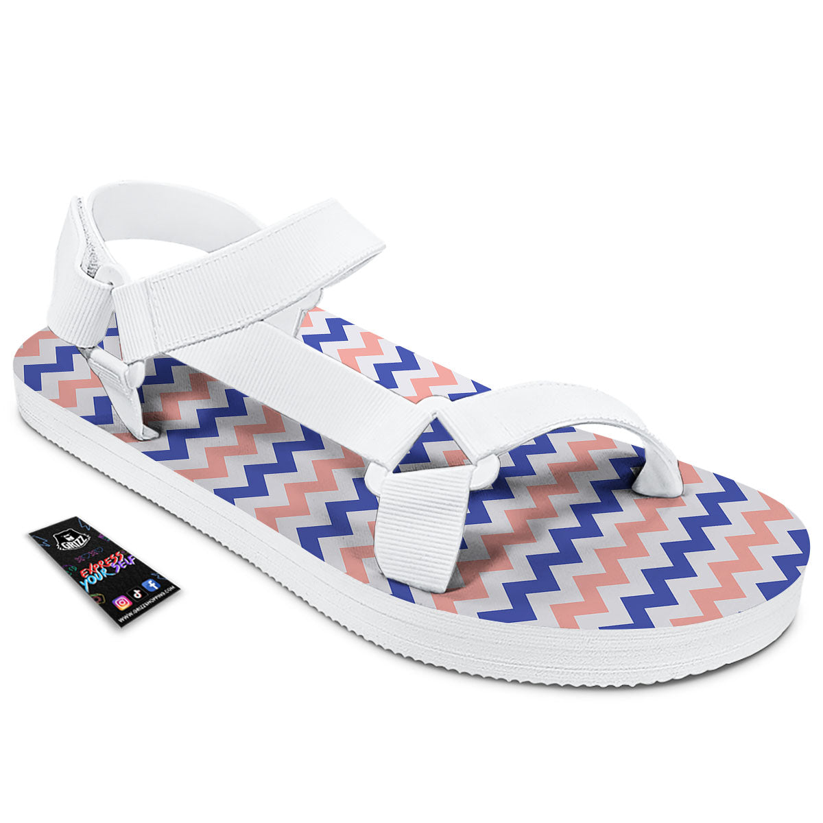 Zigzag White Pink And Navy Print Pattern White Open Toe Sandals-grizzshop
