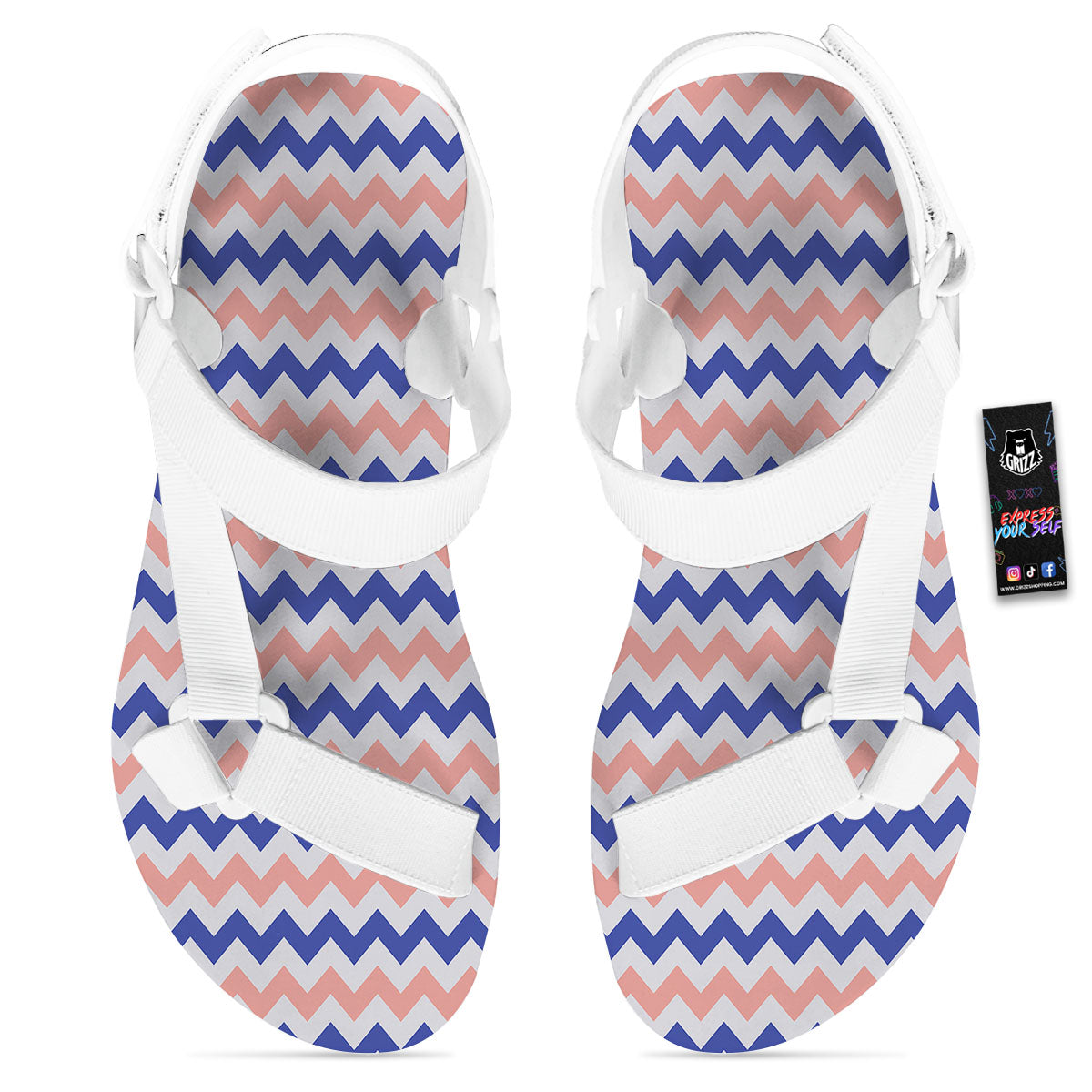 Zigzag White Pink And Navy Print Pattern White Open Toe Sandals-grizzshop