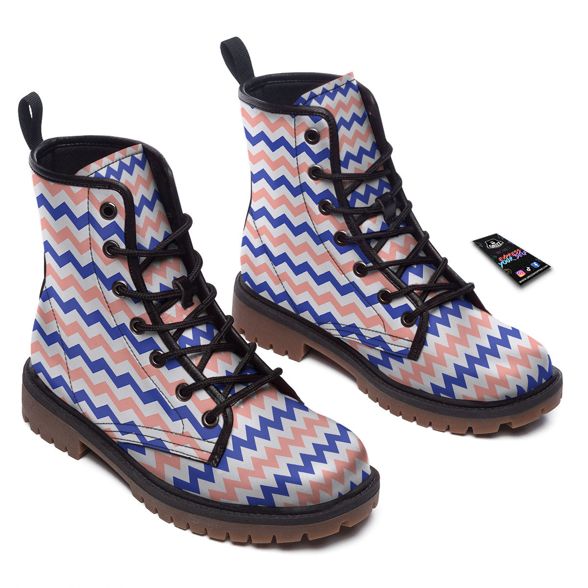 Zigzag White Pink And Navy Print Pattern Work Boots-grizzshop