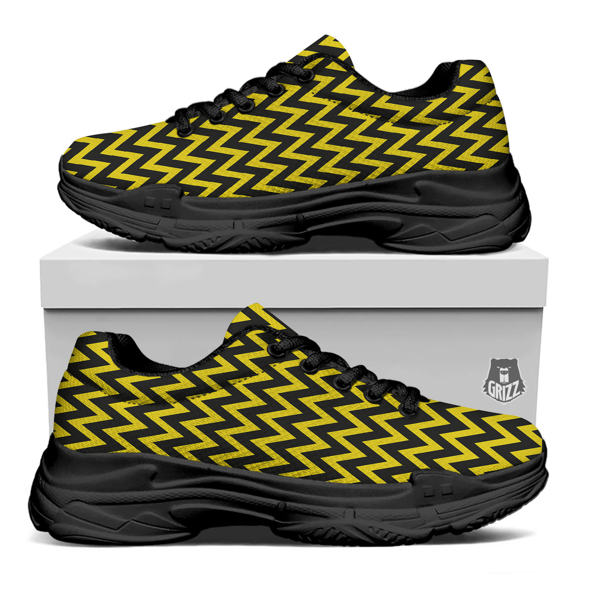 Zigzag Yellow And Black Print Pattern Black Chunky Shoes-grizzshop