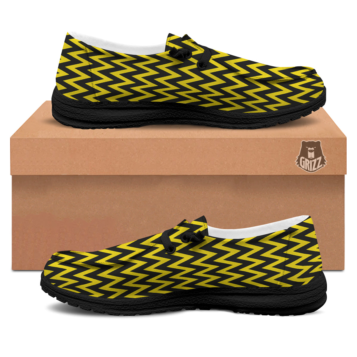 Zigzag Yellow And Black Print Pattern Black Loafers-grizzshop