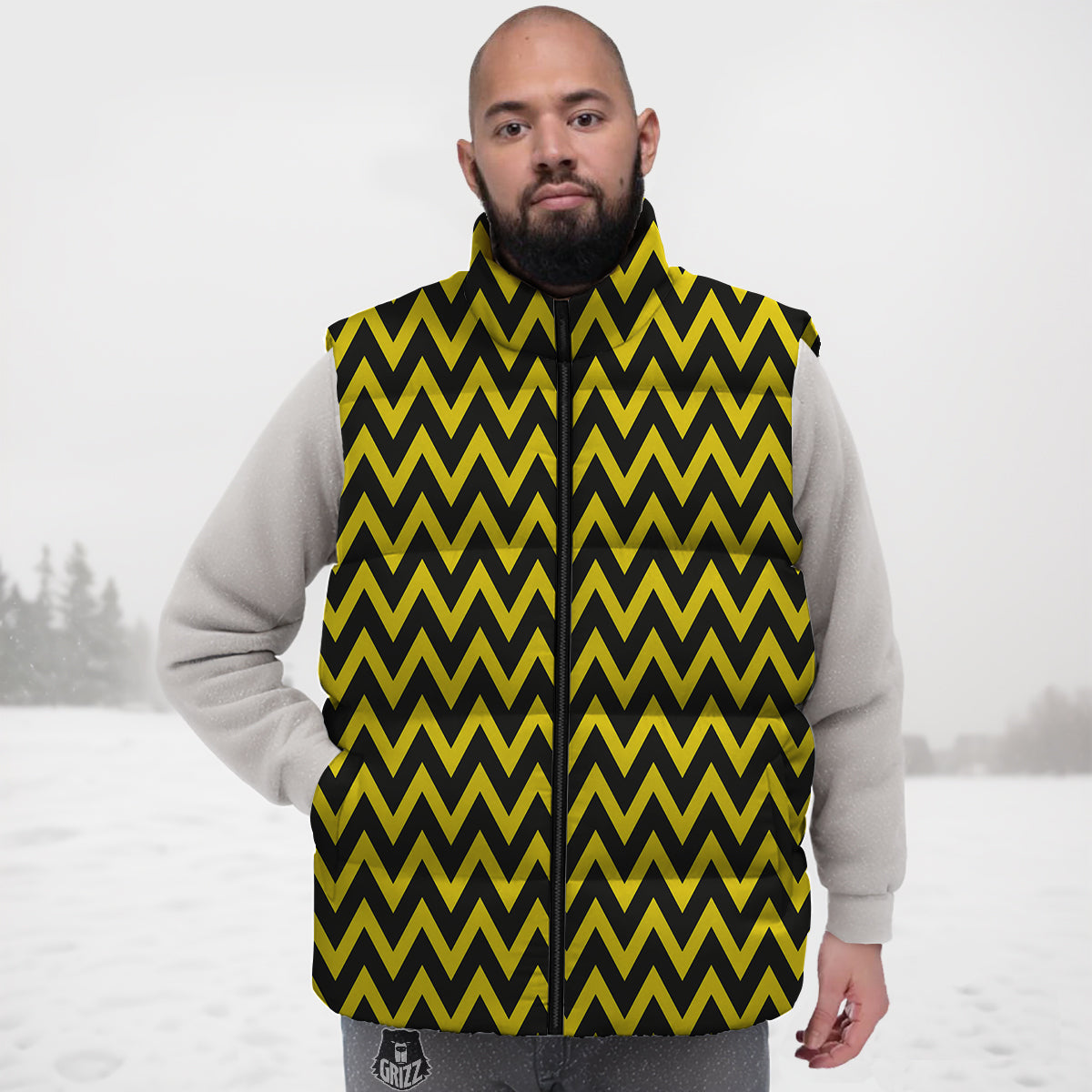 Zigzag Yellow And Black Print Pattern Down Vest-grizzshop