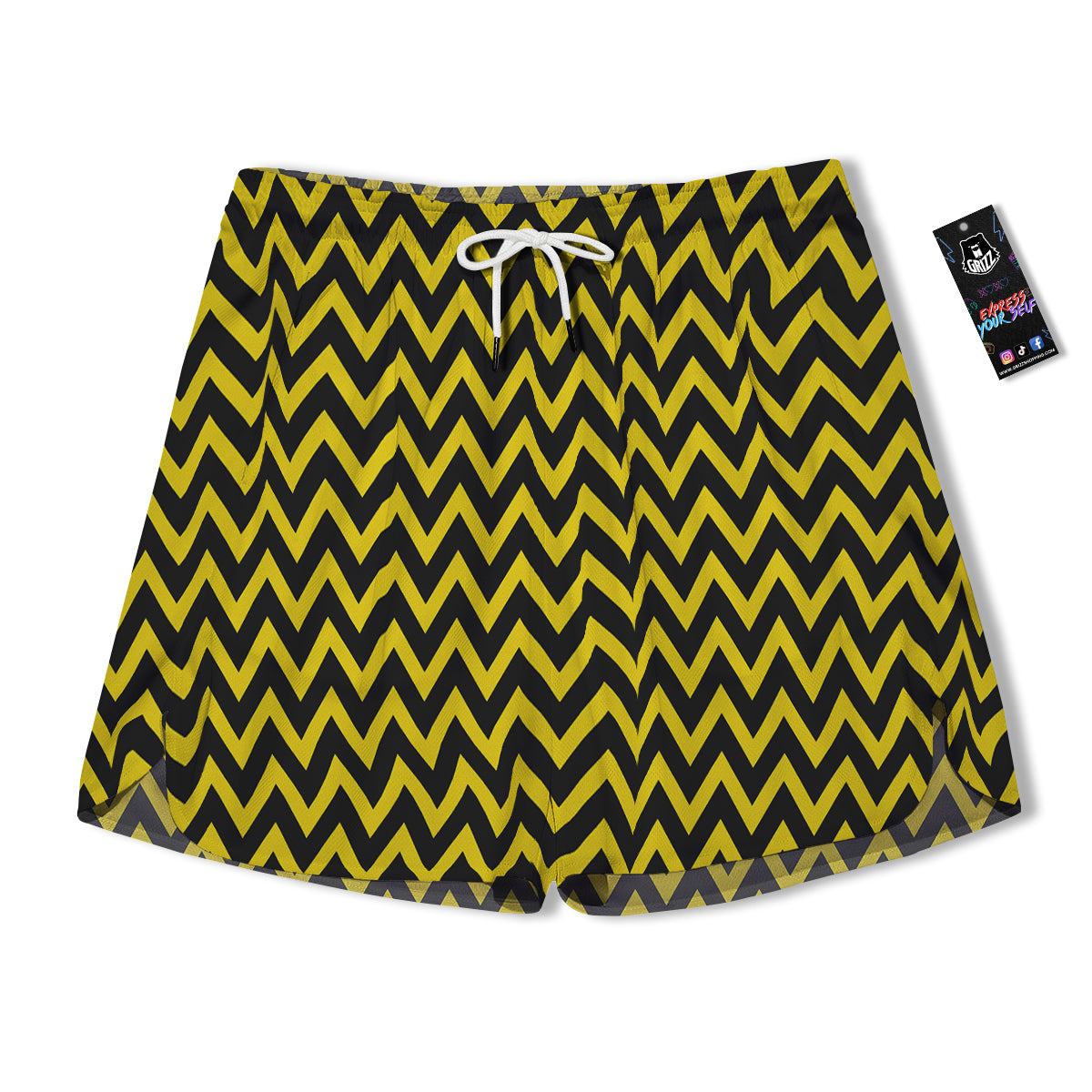 Zigzag Yellow And Black Print Pattern Men's Running Shorts-grizzshop
