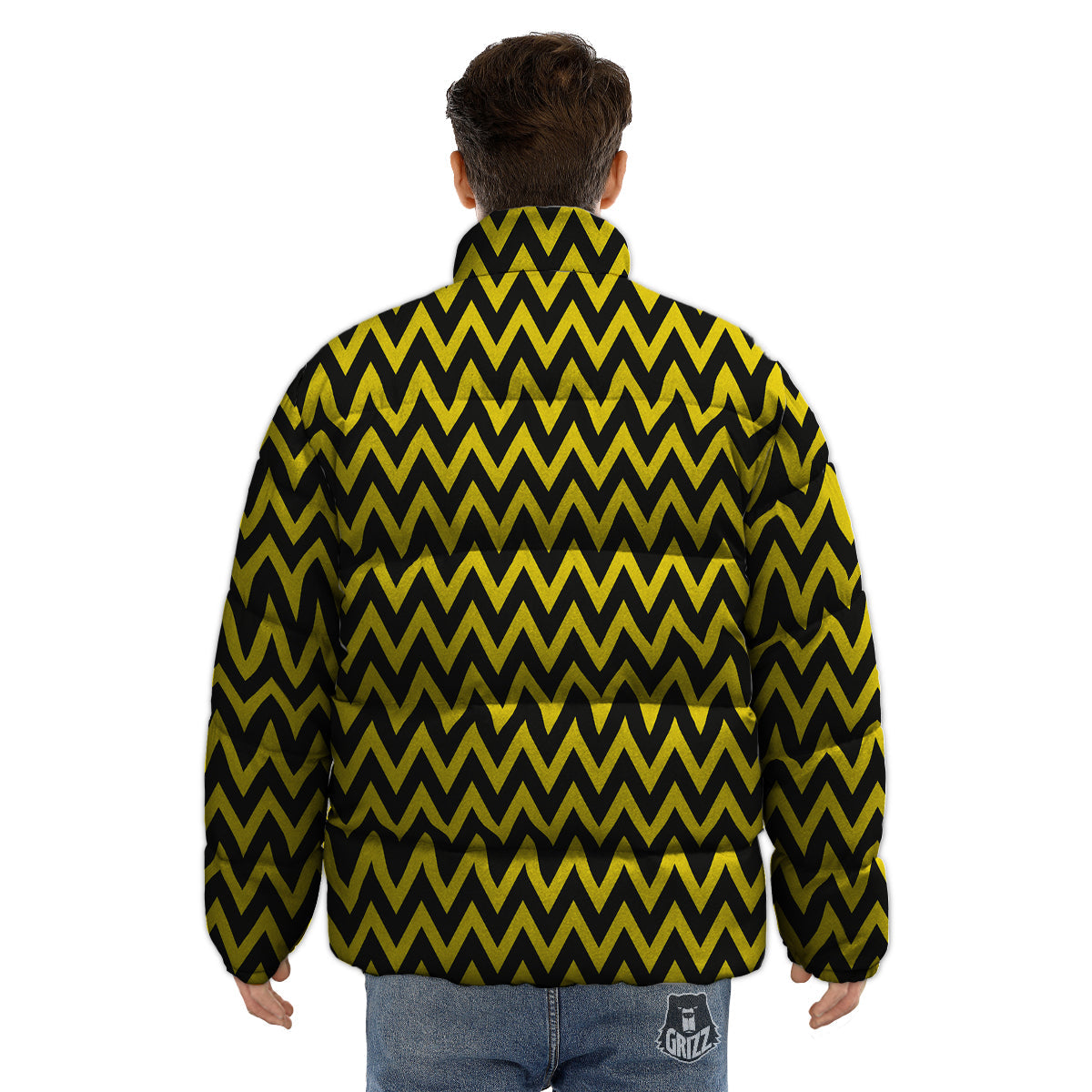 Zigzag Yellow And Black Print Pattern Puffer Jacket-grizzshop