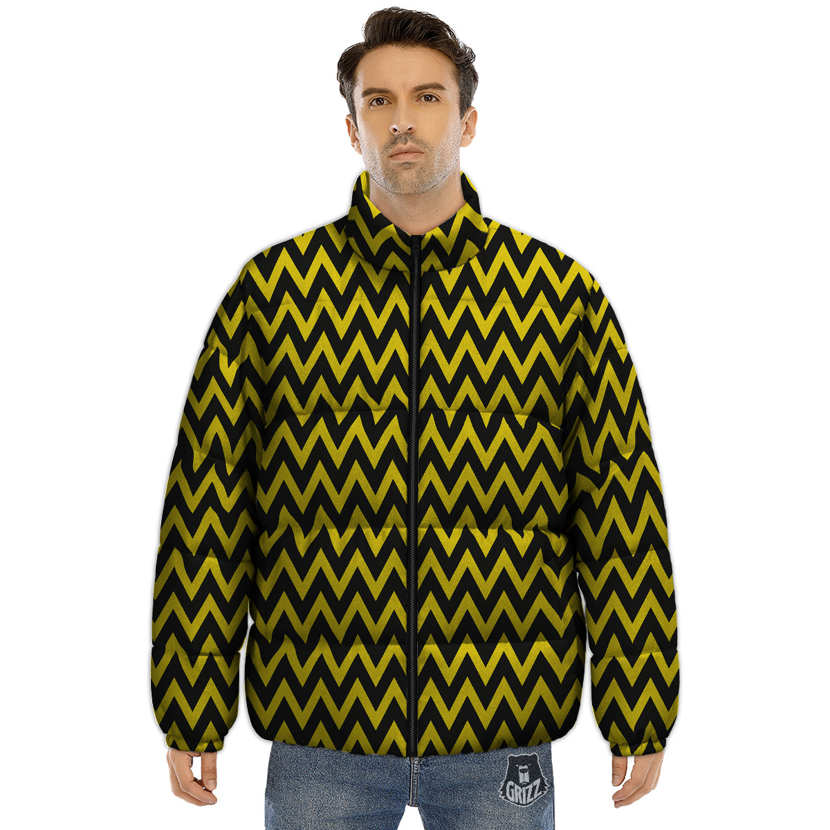 Zigzag Yellow And Black Print Pattern Puffer Jacket-grizzshop