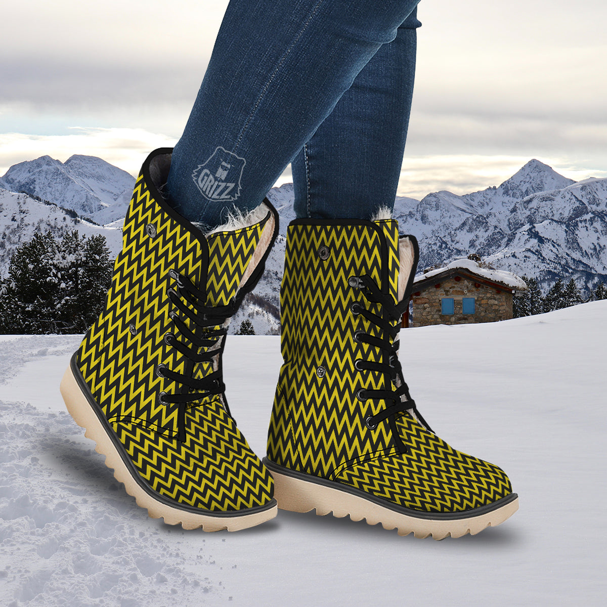 Zigzag Yellow And Black Print Pattern Snow Boots-grizzshop