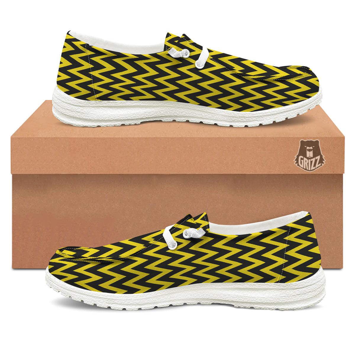 Zigzag Yellow And Black Print Pattern White Loafers-grizzshop