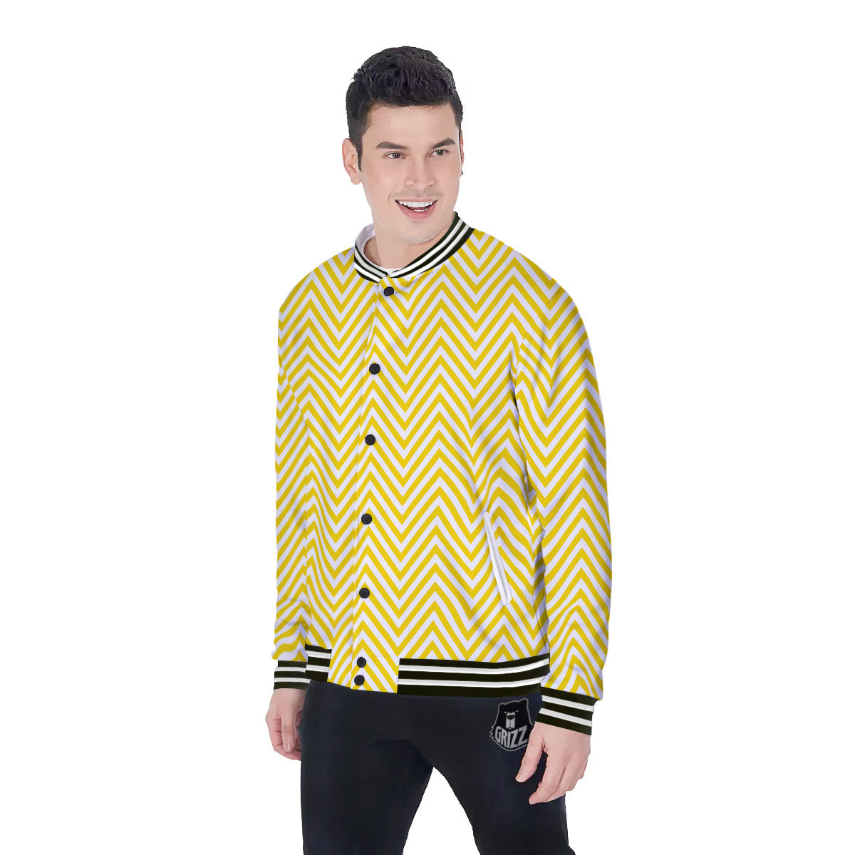 Zigzag Yellow And White Print Pattern Baseball Jacket-grizzshop
