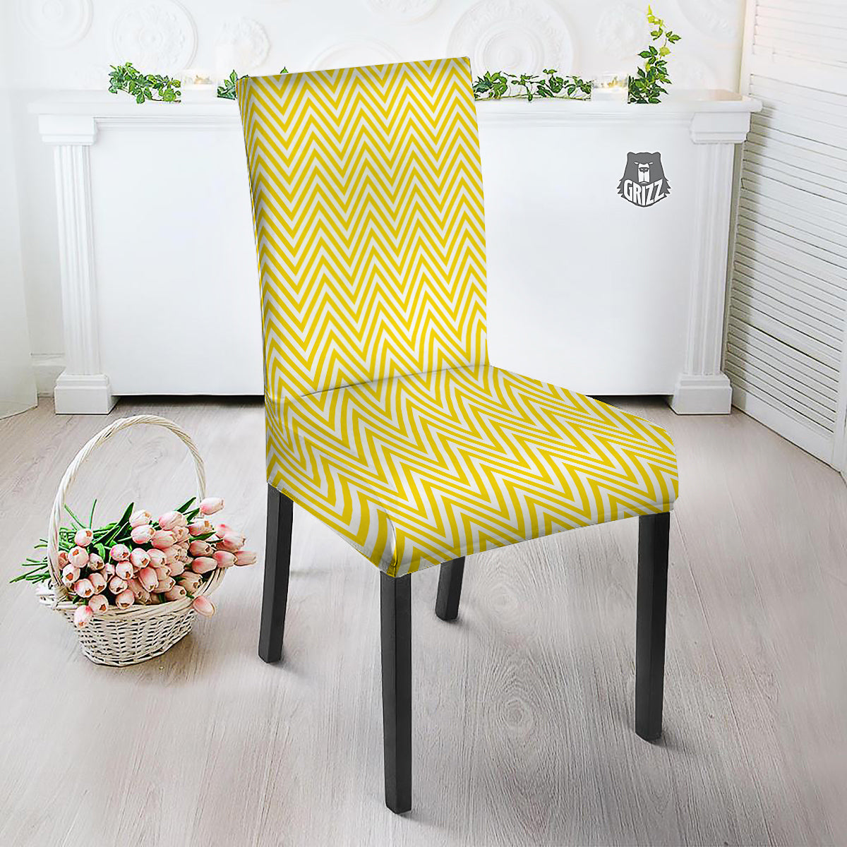 Zigzag Yellow And White Print Pattern Dining Chair Slipcover-grizzshop