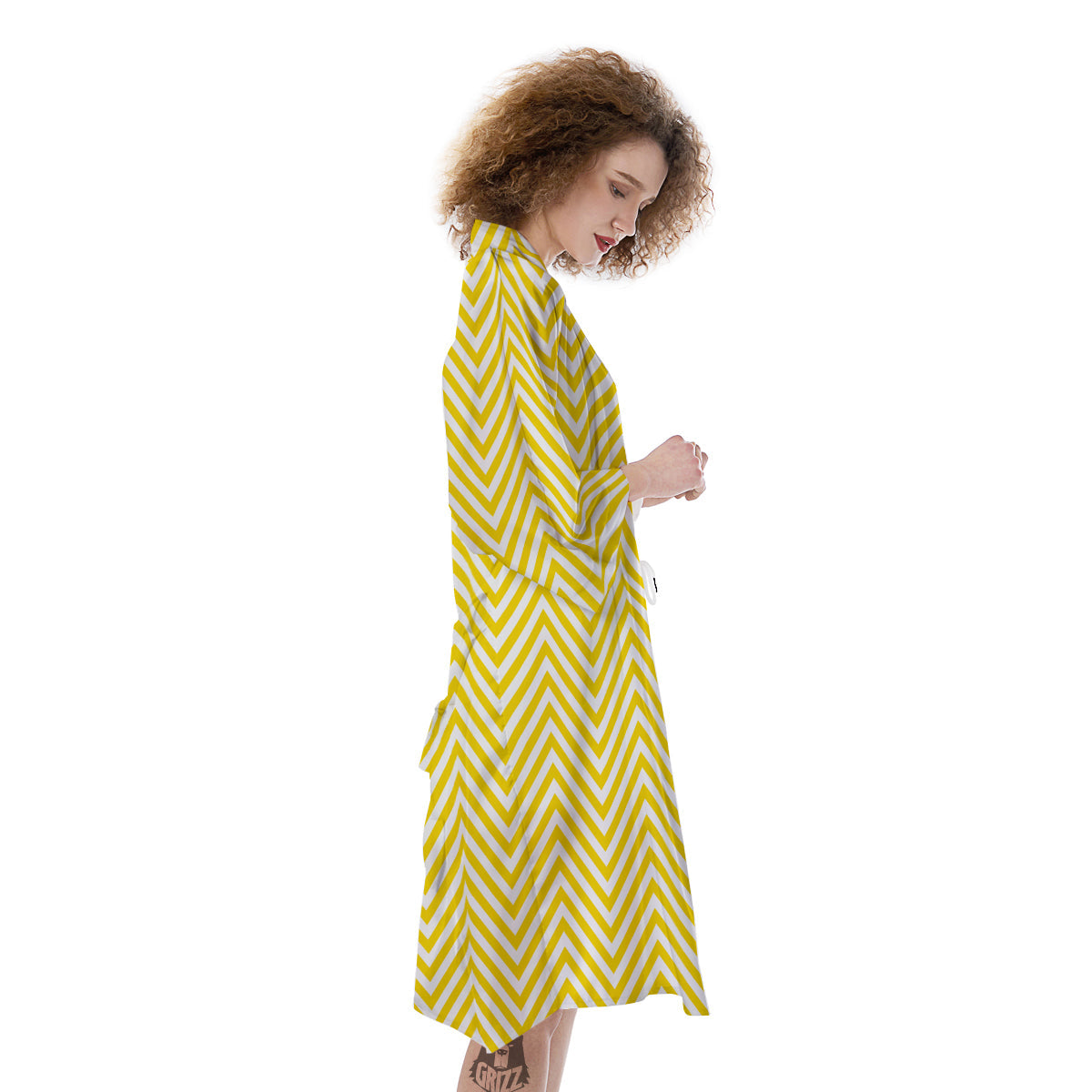 Zigzag Yellow And White Print Pattern Kimono-grizzshop