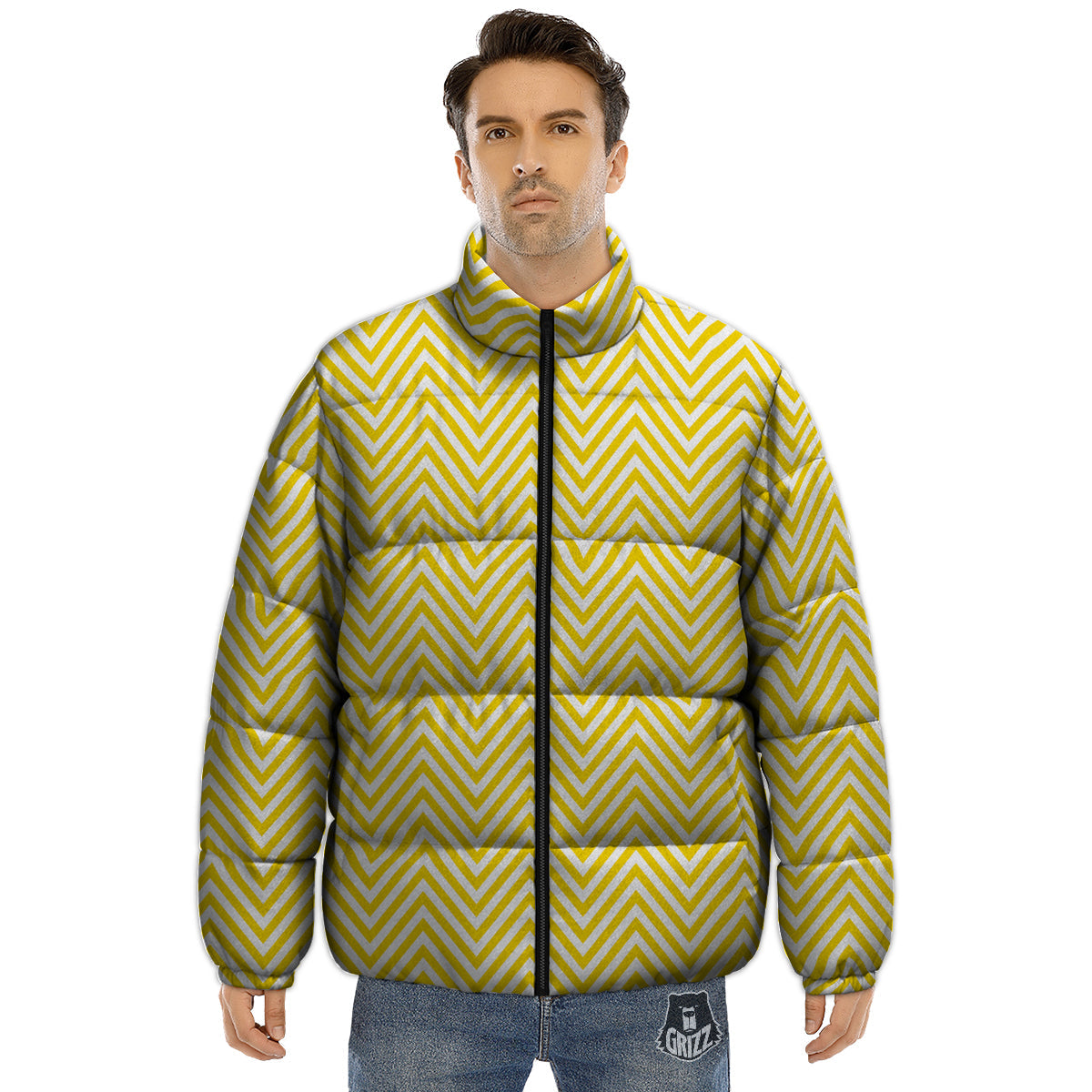 Zigzag Yellow And White Print Pattern Puffer Jacket-grizzshop
