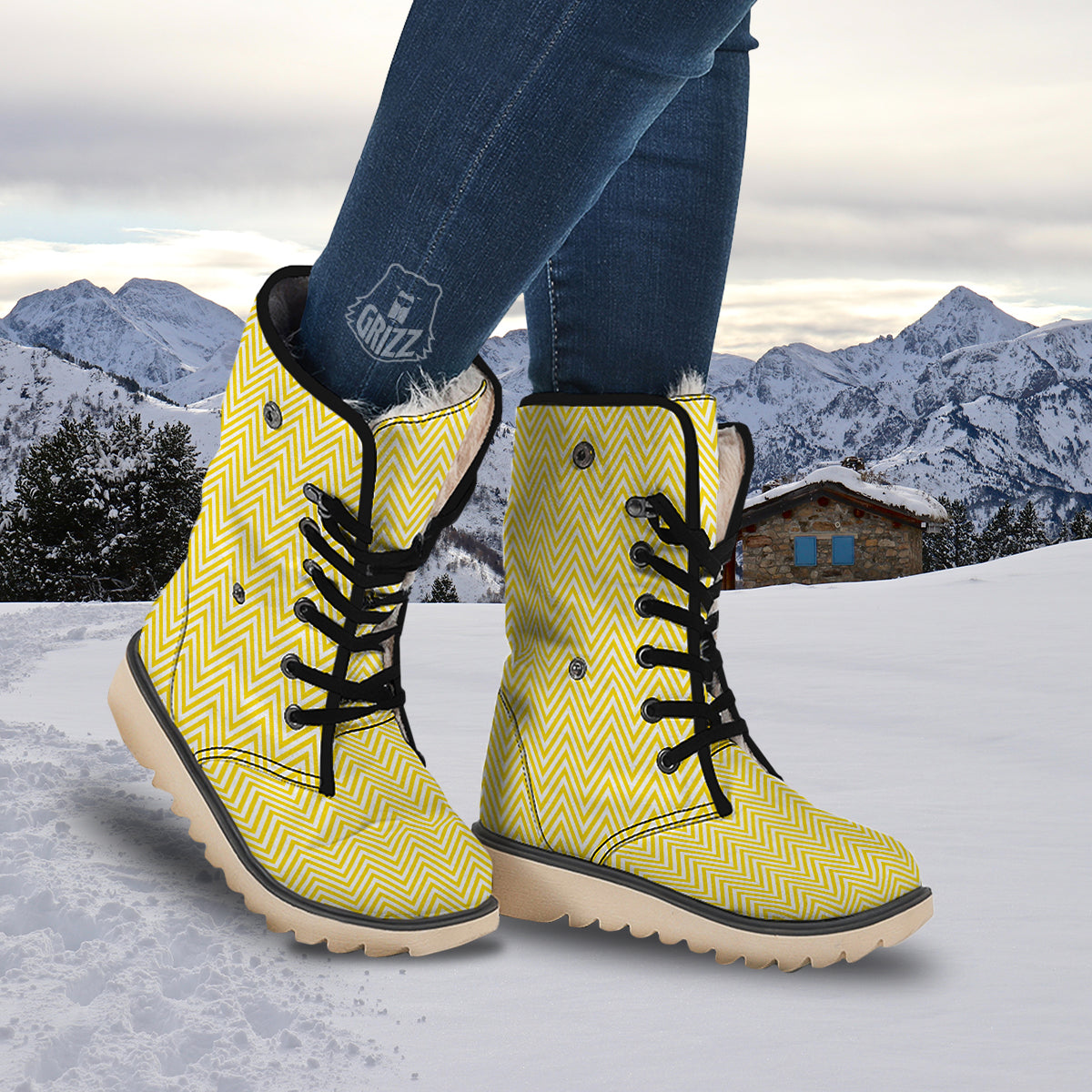 Zigzag Yellow And White Print Pattern Snow Boots-grizzshop