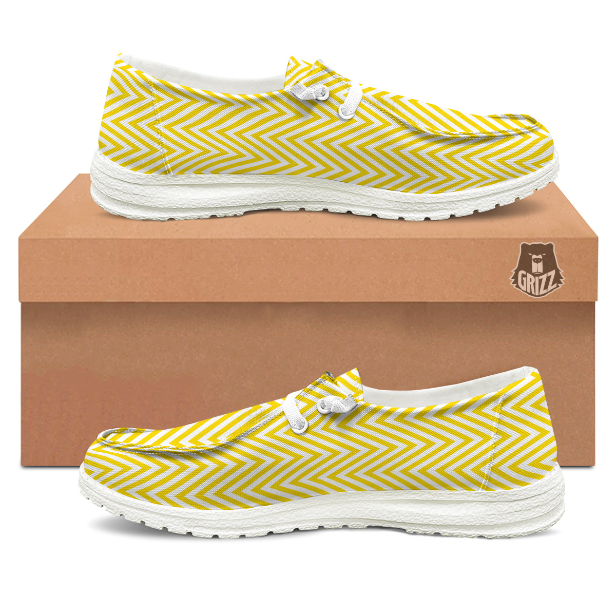 Zigzag Yellow And White Print Pattern White Loafers-grizzshop