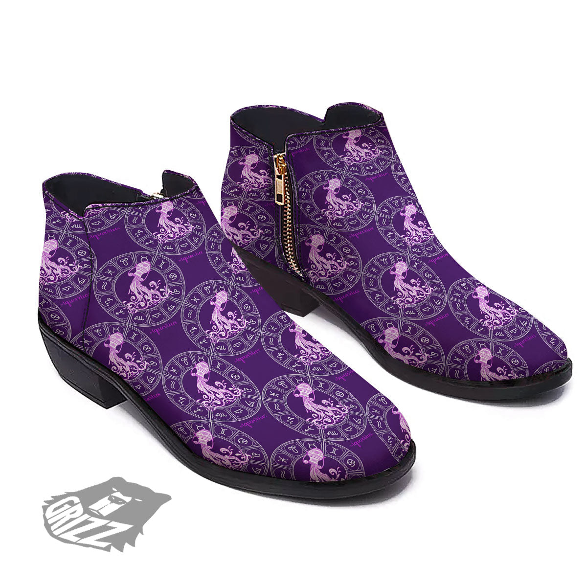 Zodiac Aquarius Purple Print Pattern Ankle Boots-grizzshop