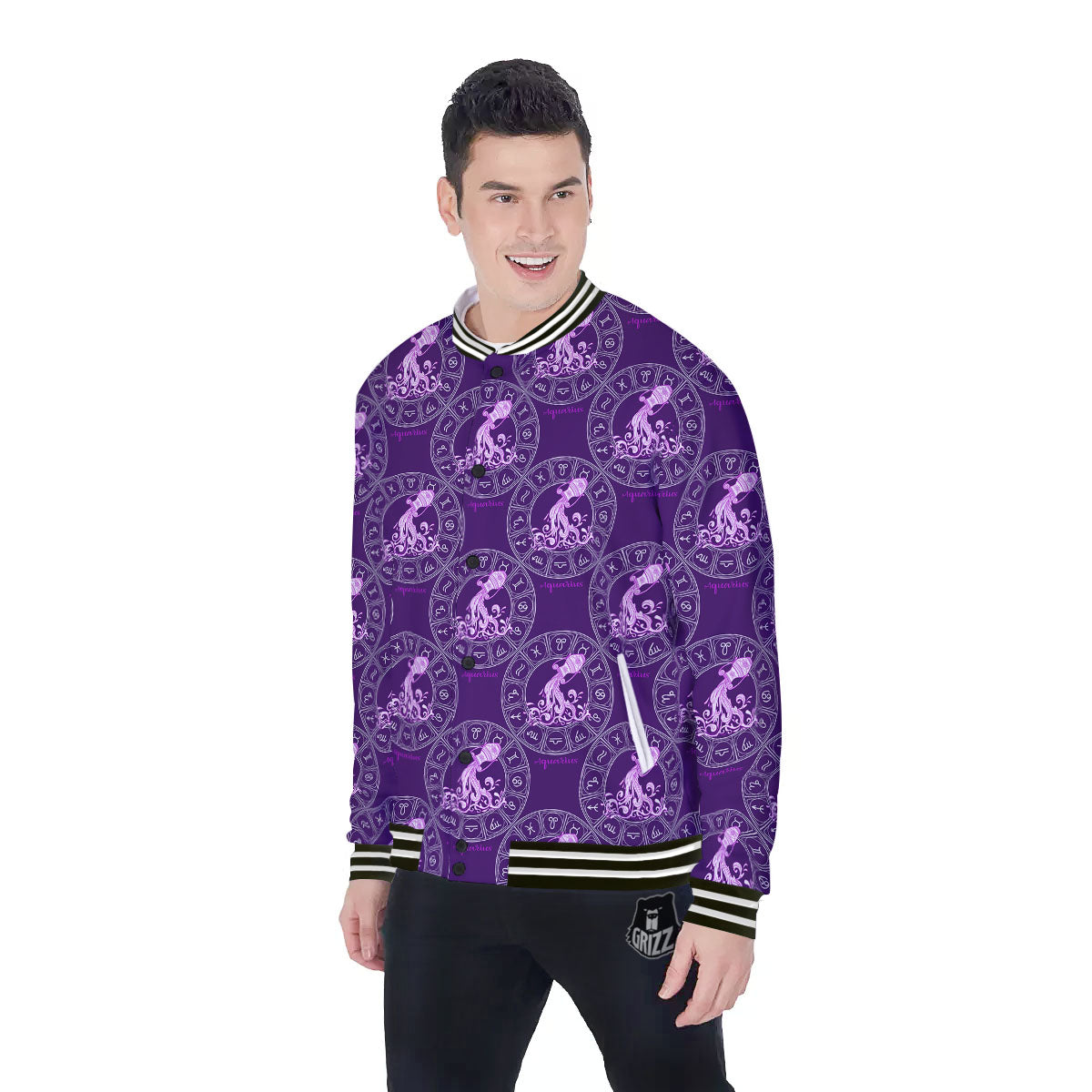 Zodiac Aquarius Purple Print Pattern Baseball Jacket-grizzshop